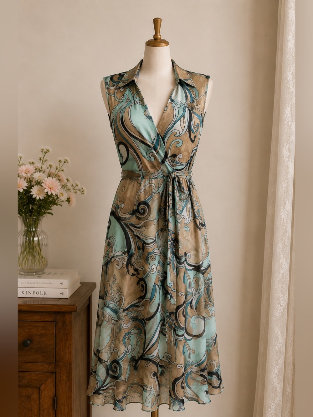 Vintage Y2K 🖤 Ginger Sheer‎ Swirl Print Tie Front Dress  Blue Tan Size M/L